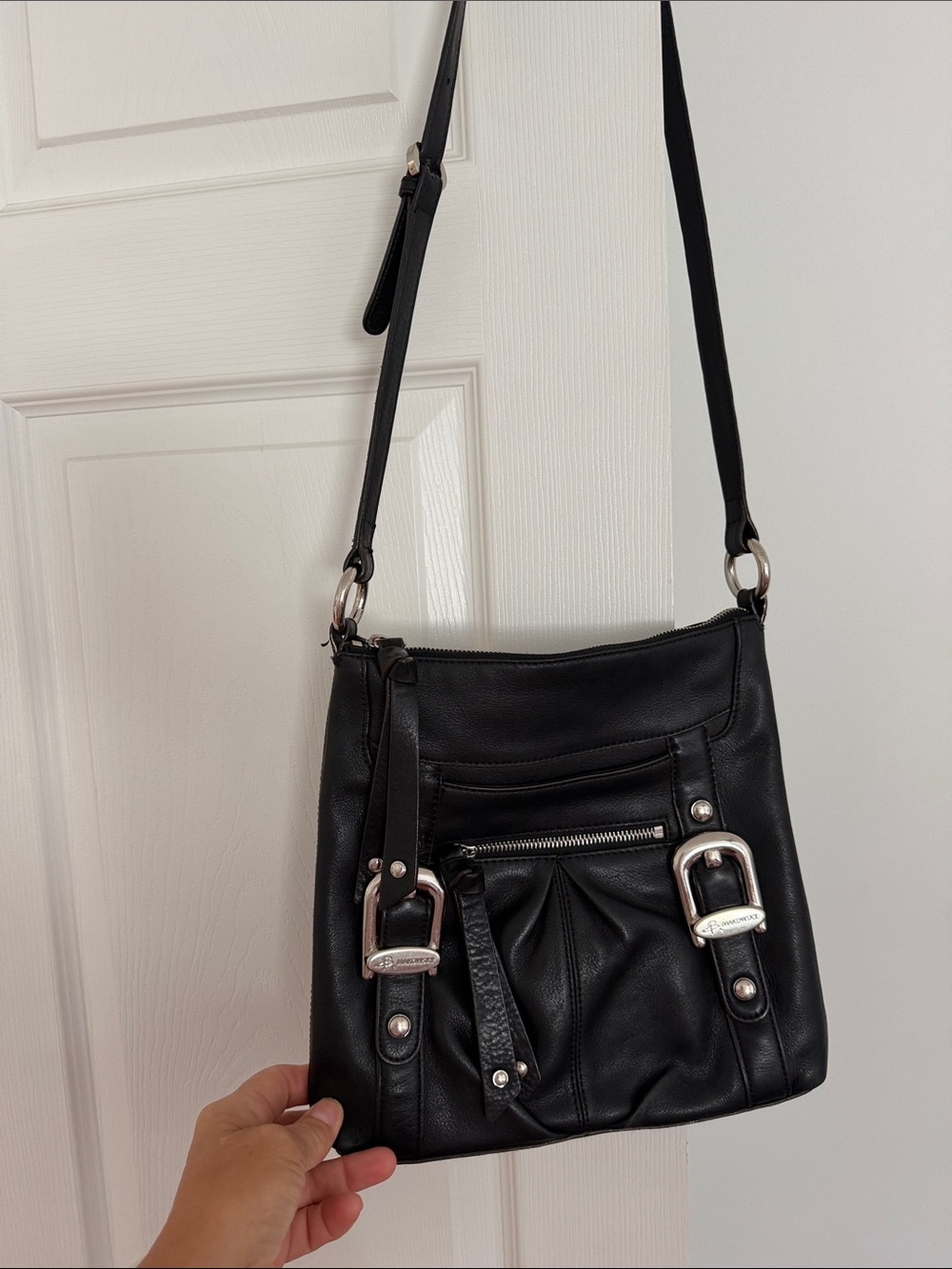 B. Makowsky Black Leather Crossbody Bag with Silver Hardware